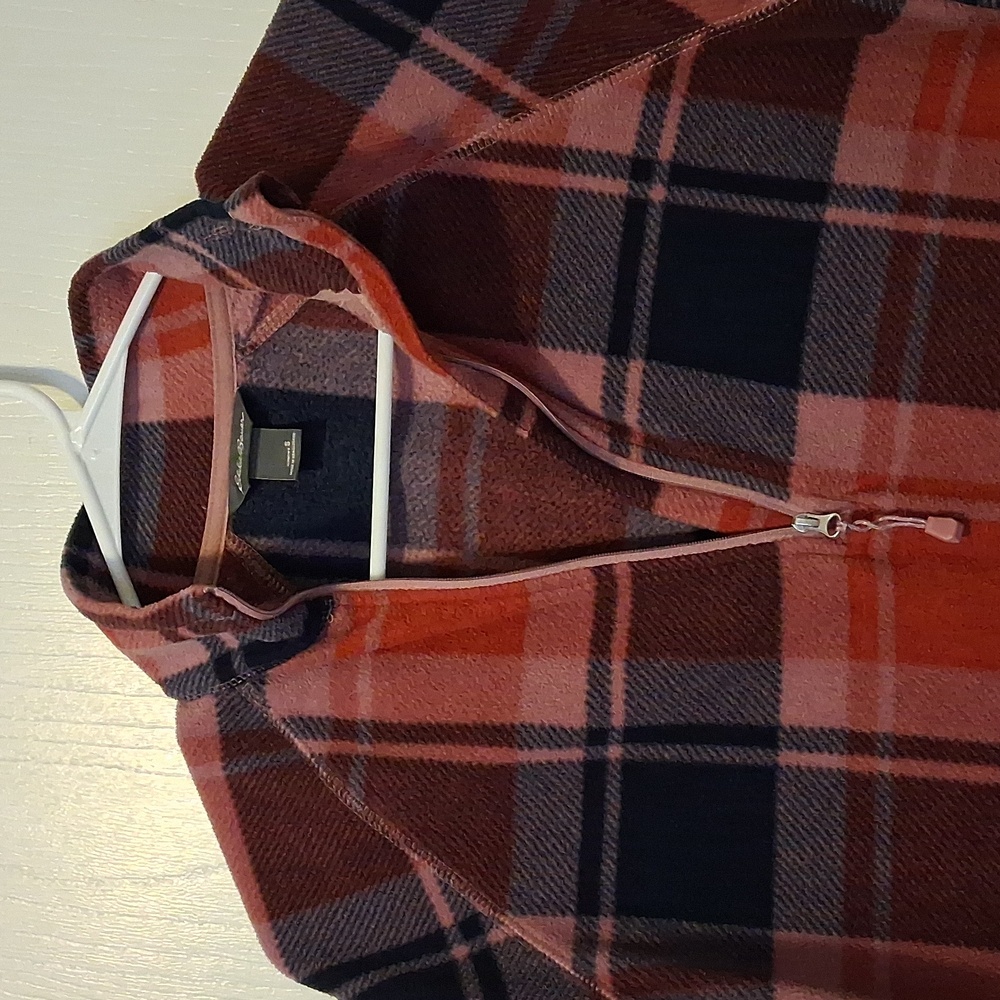 Eddie Bauer Womens Quarter Zip Fleece Black Rust Mauve Plaid Pullover Sz S - Picture 2 of 7